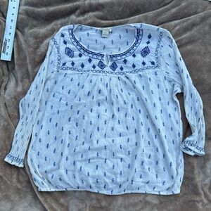 Lucky Brand Cream and Blue Embroidered Peasant Top